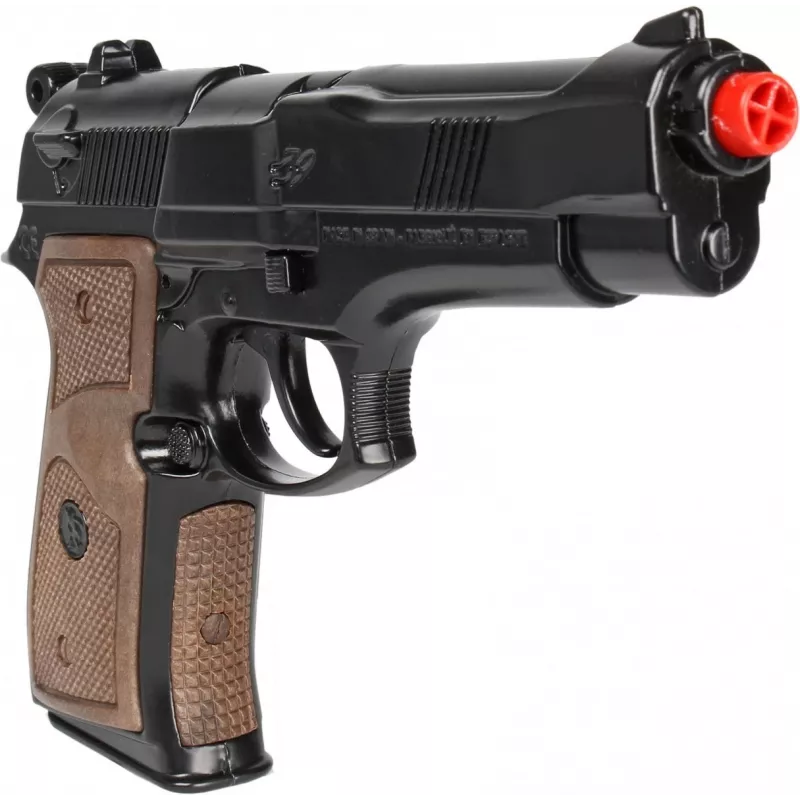 Žaislinis metalinis policijos pistoletas Pulio modelis 15539/6 — metalinė konstrukcija, žaislinis aksesuaras