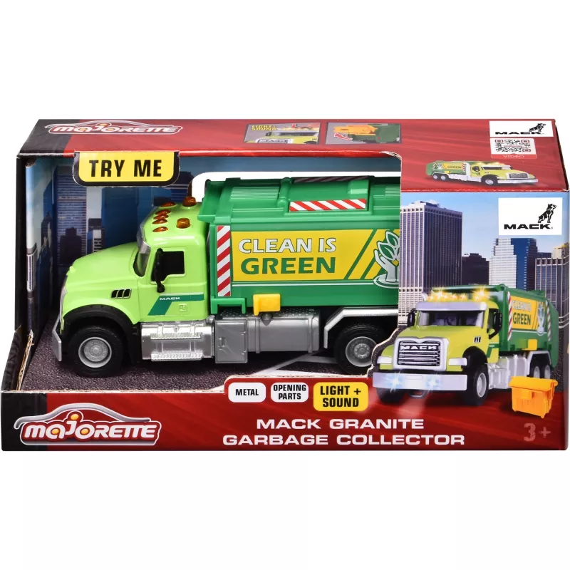 Žaislinė transporto priemonė Majorette Mack Granite šiukšliavežės modelis 213743007, metalinis mastelinis žaislas