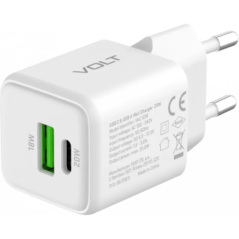 USB C/A tinklo įkroviklis YENKEE YAC G38 20W 3A Power Delivery (USB‑C ir USB‑A)