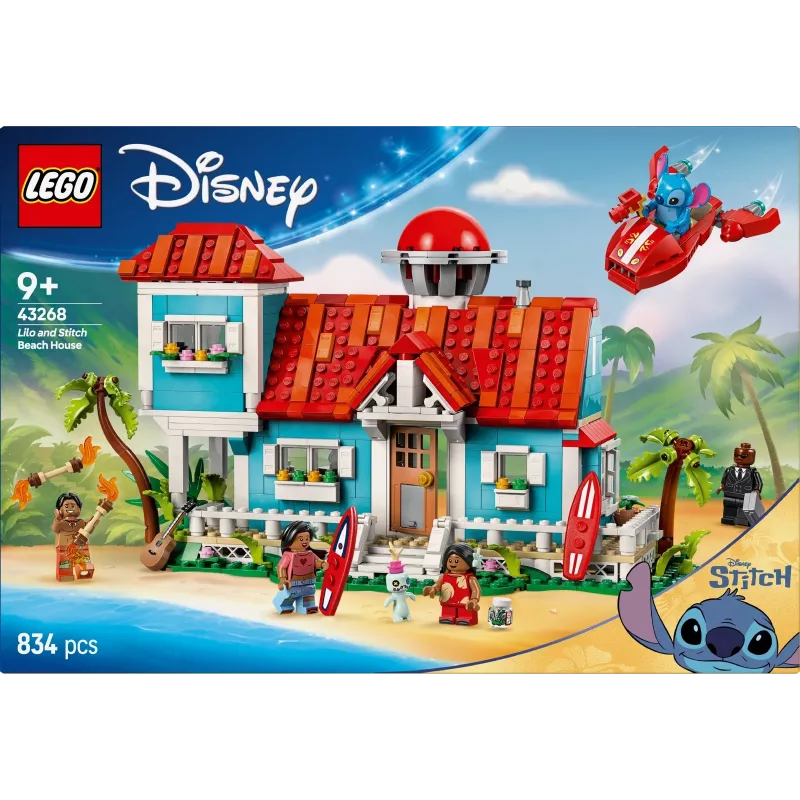 LEGO rinkinys Disney 43268 Paplūdimio namas — modulinis namo modelis, 834 dalys, 5 minifigūrėlės, amžius 9+