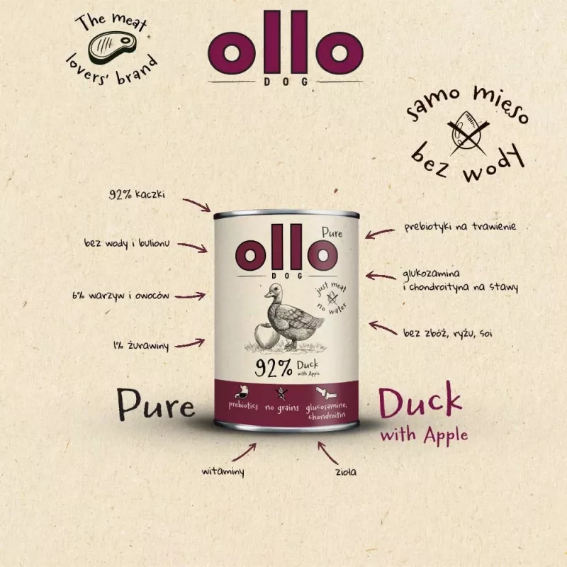 OLLO Pure Duck with apple - šlapias šunų maistas - 400g