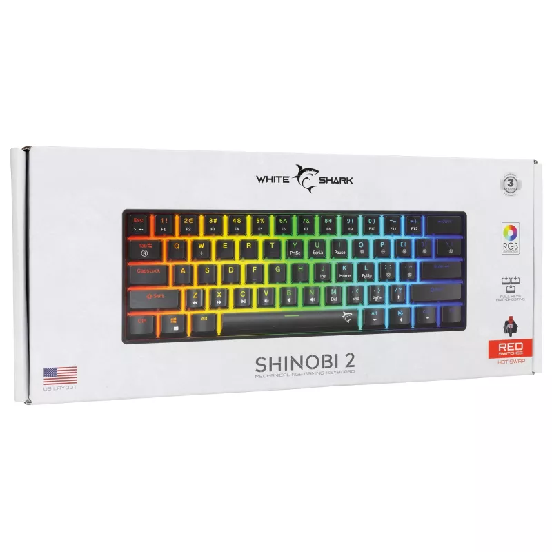 Mechaninė žaidimų klaviatūra White Shark Shinobi-2 su raudonais jungikliais, juoda, US išdėstymas