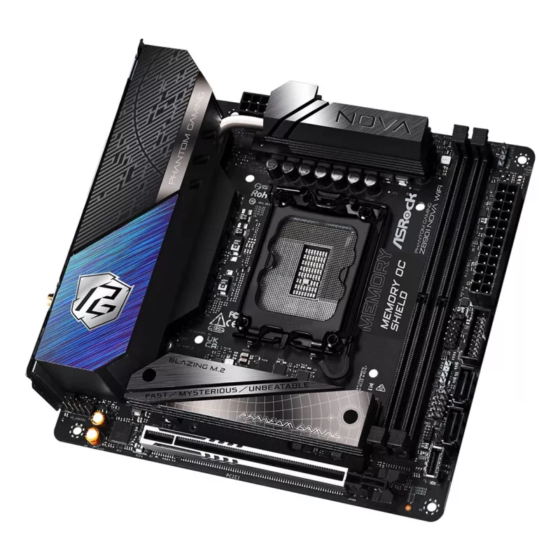 Pagrindinė plokštė ASRock Phantom Gaming Z890I Nova WiFi — Intel Z890, LGA 1851, Mini ITX, DDR5, 2x M.2, Wi‑Fi 6E/7, 5Gb LAN, Thunderbolt