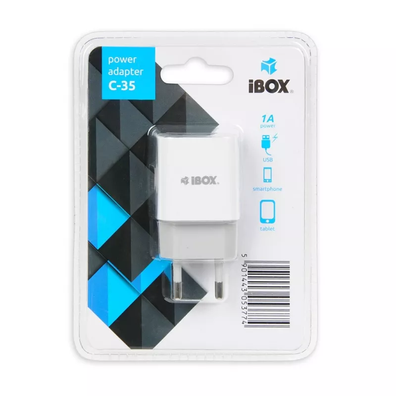 Kintamosios srovės vidaus įkroviklis IBOX C-35 Universalus baltas — 5 V maks., 0,3 A įvestis, 1 A USB išvestis