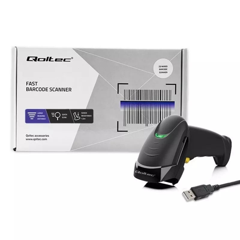 Rankinis laidinis 1D/2D brūkšninių kodų skaitytuvas QOLTEC 50853 — USB, ABS korpusas, 1,65 m laidas, 97×65×167 mm, 105 g