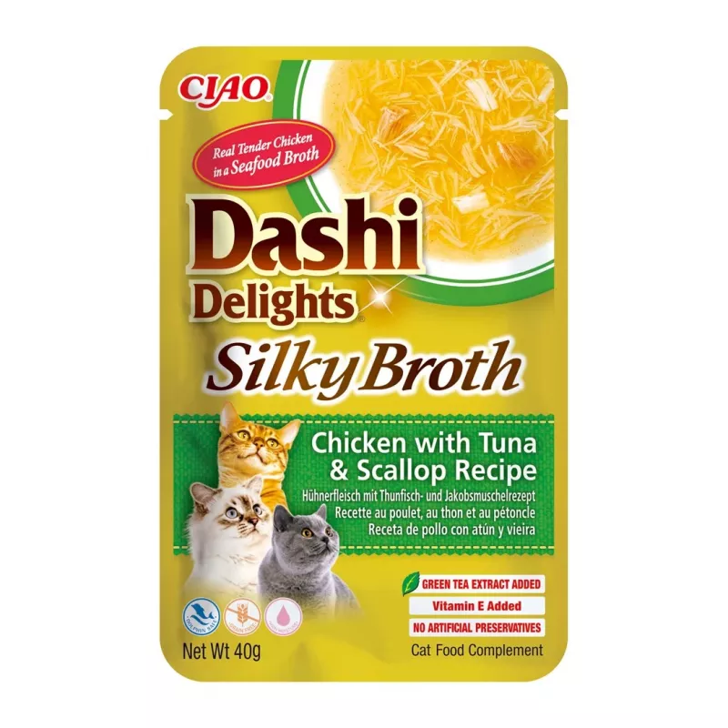 Šlapias kačių skanėstas INABA Dashi Delights — Vištiena su tunu ir šukutėmis, 40 g pakelis, 93 % drėgmės, 5,5 % baltymų