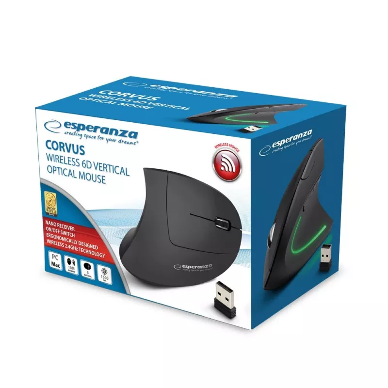 Belaidė pelė ESPERANZA EM133 — ergonomiška dešiniarankė, 1600 DPI, 6 mygtukai, 2,4 GHz USB nano imtuvas, 10 m veikimo nuotolis, juoda