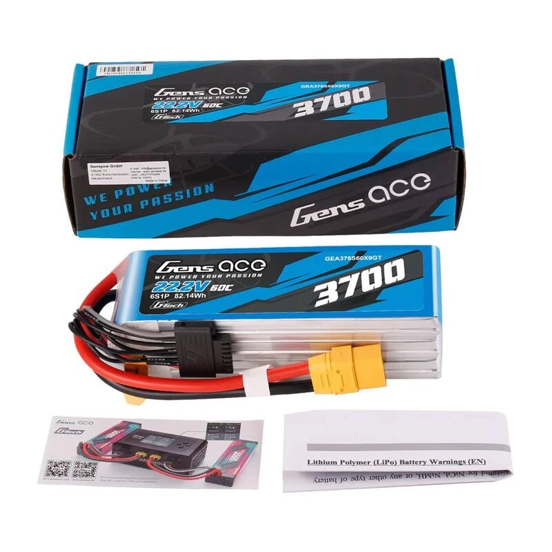 Baterija Gens ace GEA376S60X9GT 22.2 V LiPo įmontuojama RC modeliams, 0,536 kg, juoda/mėlyna/pilka/balta