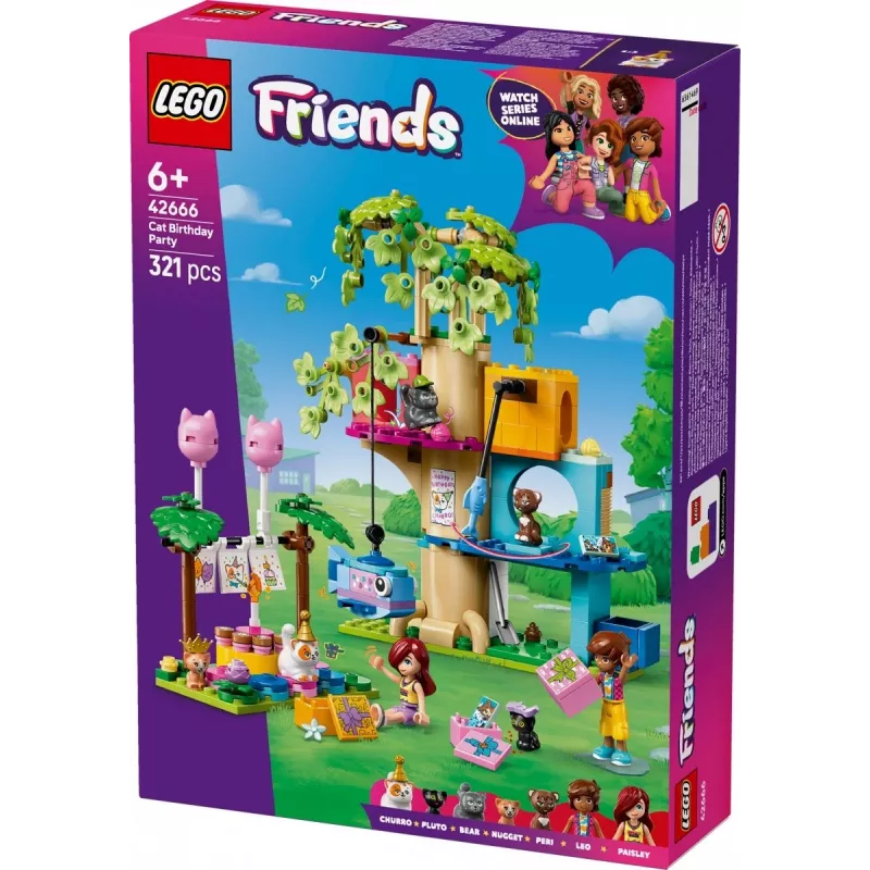 Konstruktorius LEGO Friends 42666 Katės gimtadienio medžių namelis, 321 vnt., 6+ m., 180×160×100 mm