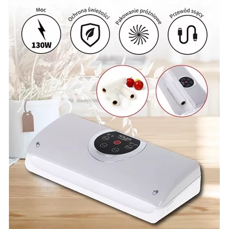 Adler AD 4503 vakuuminis sandariklis, 130 W, vakuumas -750 iki -800 mbar, C tipo kištukas, pilka/baltas