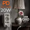 Maitinimo skirstytuvas MACLEAN MCE248 F/W — 3 kintamosios srovės lizdai (1×16A, 2×6A) + 4×USB (2×A, 2×C PD 20W), EU kištukas, baltas