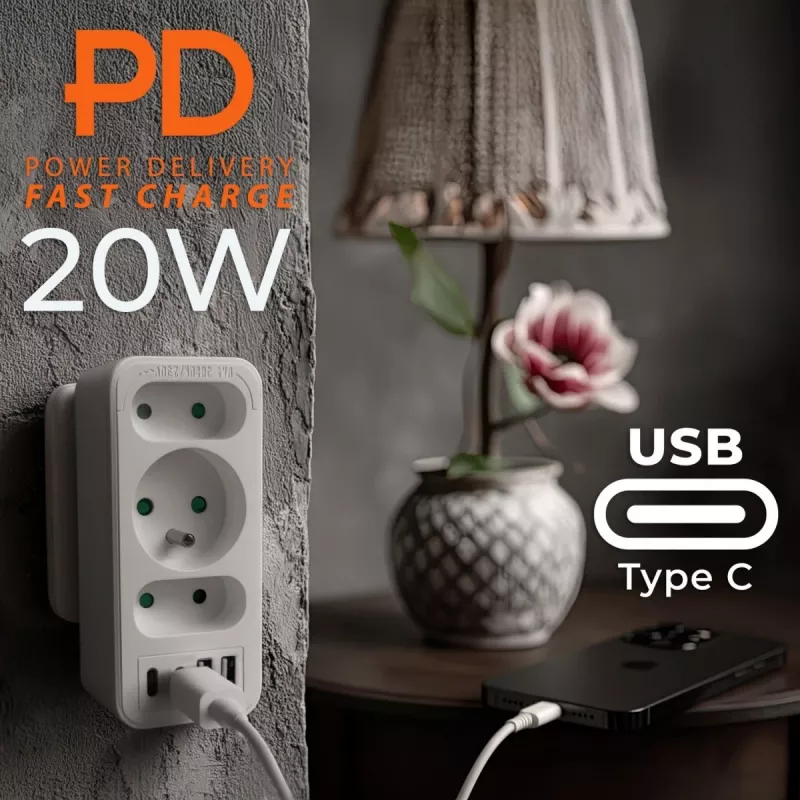 Maitinimo skirstytuvas MACLEAN MCE248 F/W — 3 kintamosios srovės lizdai (1×16A, 2×6A) + 4×USB (2×A, 2×C PD 20W), EU kištukas, baltas