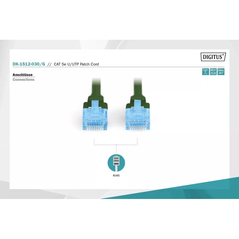 Network patch cord DIGITUS CAT5e U/UTP, 3 m, RJ-45 to RJ-45, green