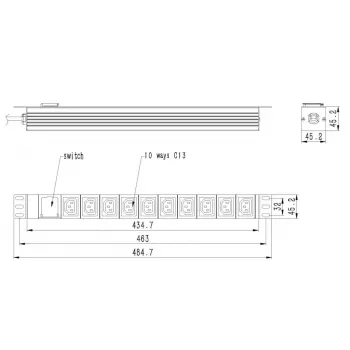 Maitinimo skirstytuvas GEMBIRD EG-PDU-10C132C19 — 10× C13 lizdų, 1U stovo, 16 A C19 įvestis, 2 m laidas, 3500 W