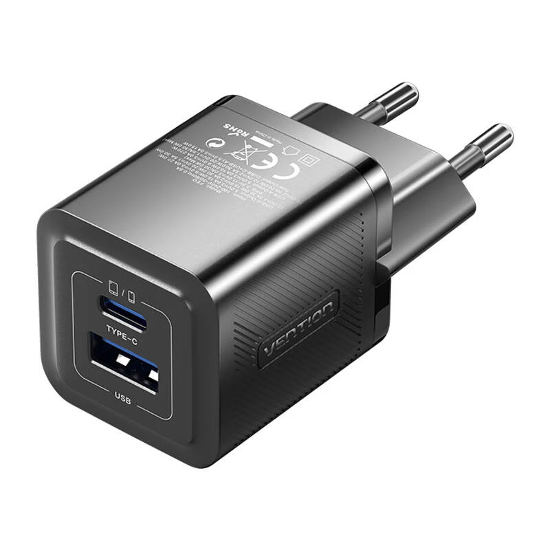Vention FEQB0-EU vidaus kintamosios srovės greitasis įkroviklis 30 W, 1x USB-C, juodas — išmaniesiems telefonams, planšetiniams kompiuteriams, išmaniesiems laikrodžiams, ausinėms