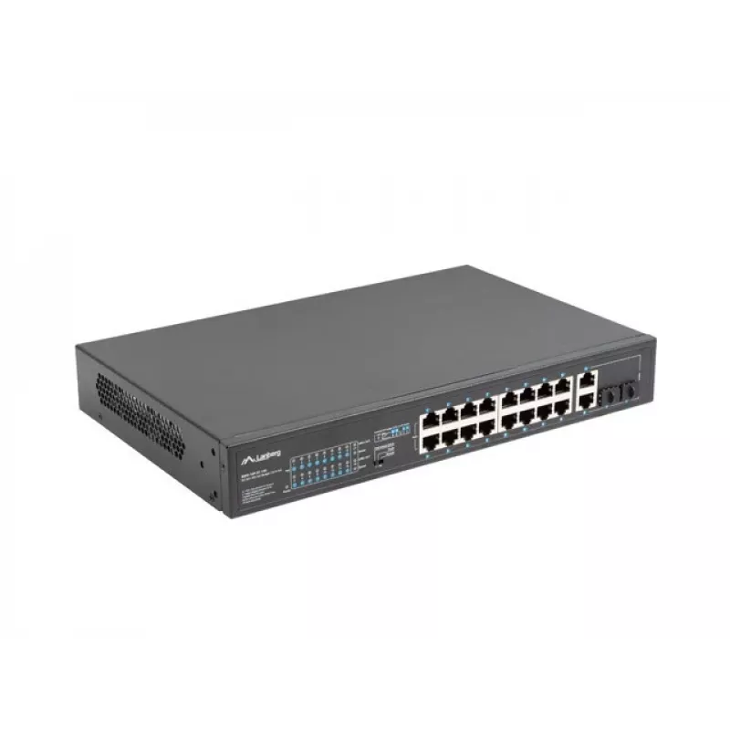 Nevaldomas jungiklis LANBERG RSFE-16P-2C-150 — 18 prievadų Gigabit, 16 PoE+/2 SFP, 150 W bendra galia, 1U stovas, metalinis, juodas