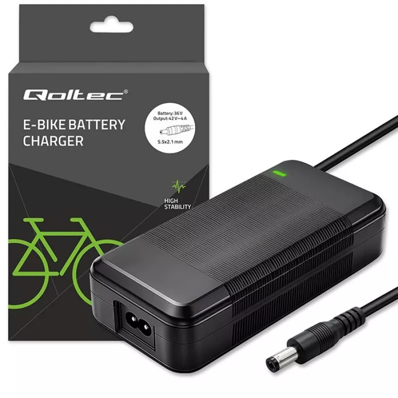 Įkroviklis QOLTEC 36V–42V 4A elektriniam dviračiui, DC kištukas 5.5×2.1 mm