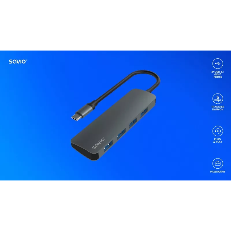 USB šakotuvas SAVIO AK-54 — 4 x USB-A (USB 3.2 Gen 1), USB-C pagrindinis, juodas