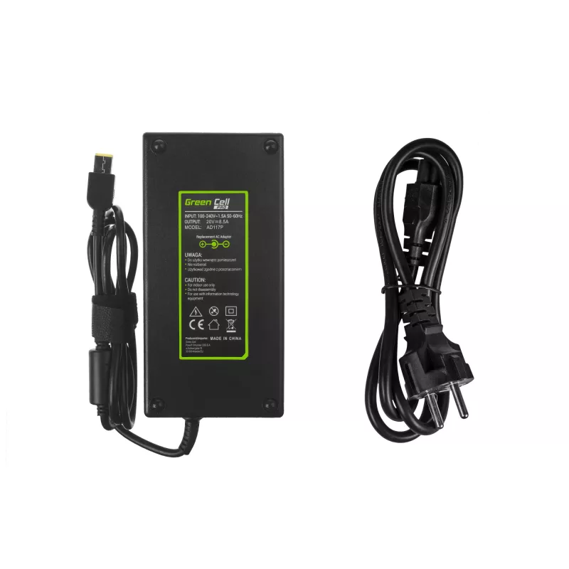 Maitinimo adapteris Green Cell AD117P 170W 20V 8,5A nešiojamiesiems kompiuteriams Lenovo, skirtas naudoti patalpose, AC-DC, juodas