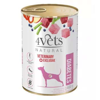 Drėgnas šunų ėdalas 4vets Natural Diabetes 400 g — veterinarinė dieta diabetu sergantiems suaugusiems šunims, kalakutiena, 400 g, baltymai 5,5%, riebalai 3,3%