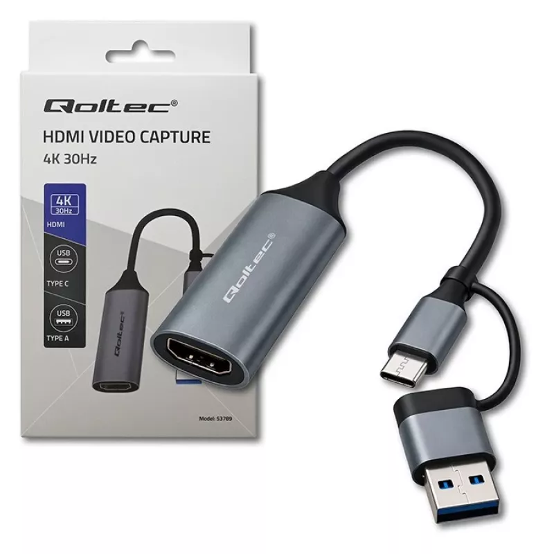 USB-C į USB-A ir HDMI 4K 30Hz adapteris QOLTEC aliumininiame korpuse