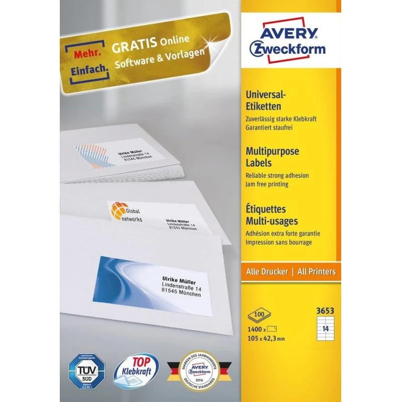 Avery 3653 lipnios etiketės Stačiakampis Nuolatinis Baltas 1400 vnt.