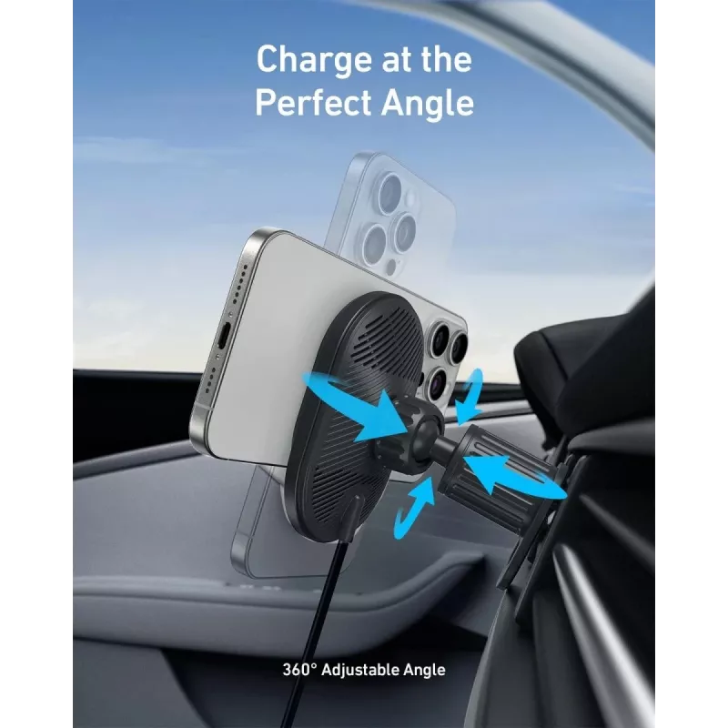 Belaidis magnetinis automobilinis įkroviklis Anker MagGo 15W — Magnetinis 15W Qi greitasis įkrovimas išmaniesiems telefonams, juodas