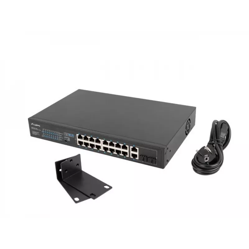 Nevaldomas jungiklis LANBERG RSFE-16P-2C-250 — 18 prievadų Gigabit, 16x PoE+ (30W), 2x SFP, 250W, 1U, metalinis, montuojamas į stelažą
