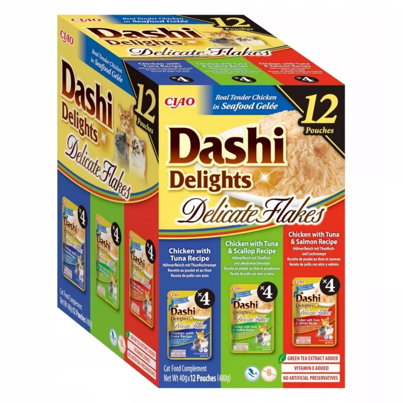 Šlapias kačių maistas INABA Dashi Delights Delicate flakes Tuna mix — 12 x 40 g, visavertis suaugusių kačių pašaras, 12 % baltymų, 86 % drėgmės