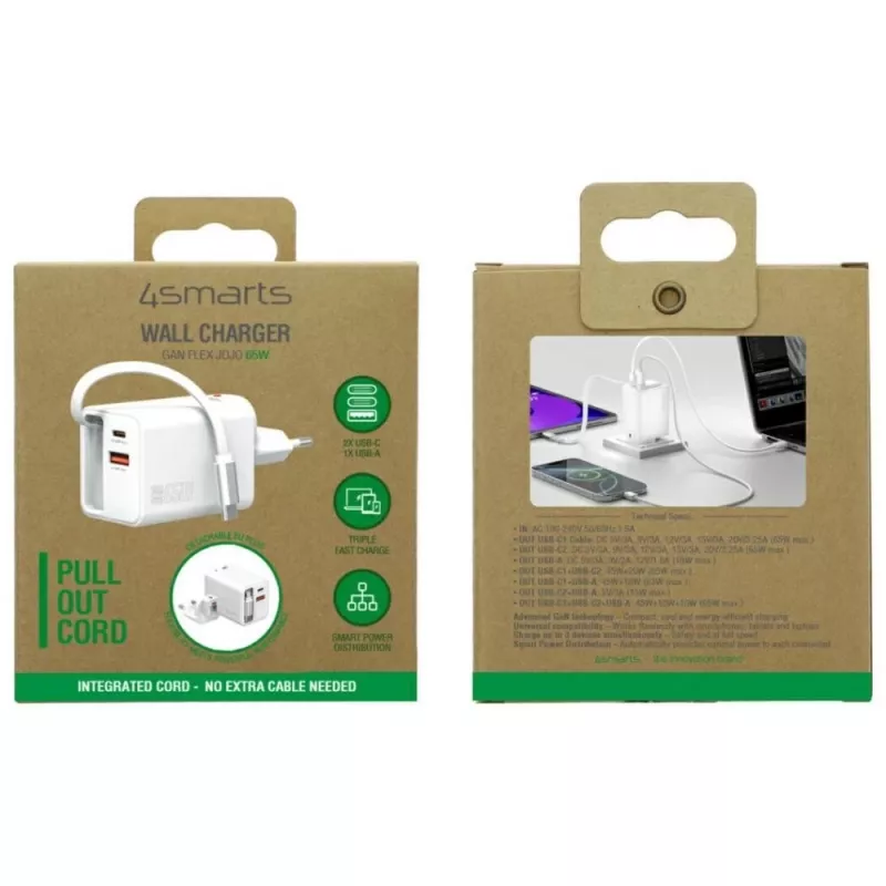 Vidinis USB-C/USB-A greitasis įkroviklis 4smarts 541065 — Universalus AC 100–240 V, maks. 20 V, 0,7 m laidas, baltas
