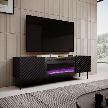 TV spintelė Cama Meble ONDA su elektriniu židiniu 1805×400×580 mm, juoda, medžio drožlių plokštės viršus (stovinti arba tvirtinama prie sienos)