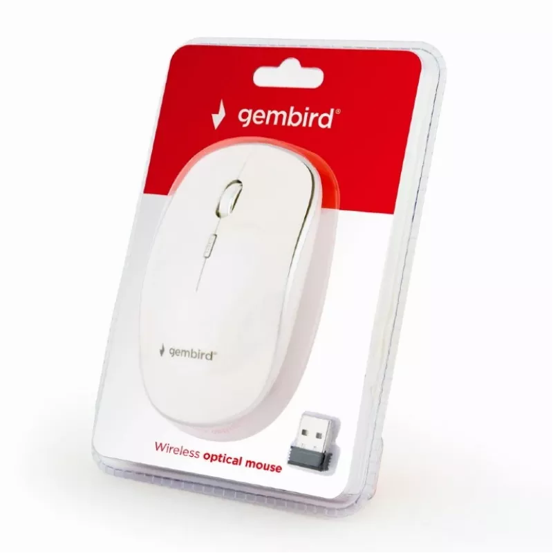 Belaidė pelė GEMBIRD MUSW-4B-01-W, abiem rankoms tinkama, optinė 1600 DPI, 4 mygtukai, RF belaidė, balta