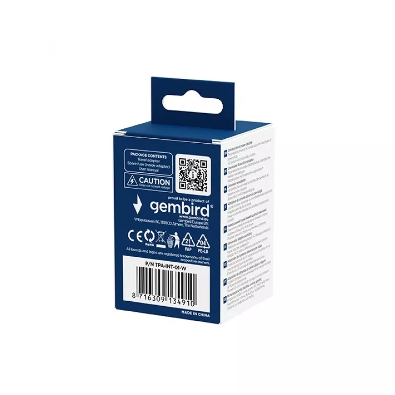 Universalus kelioninis maitinimo adapteris GEMBIRD TPA-INT-01-W — įvestis 100–250V, Type G kištukas, kompaktiški matmenys 84×56×85 mm
