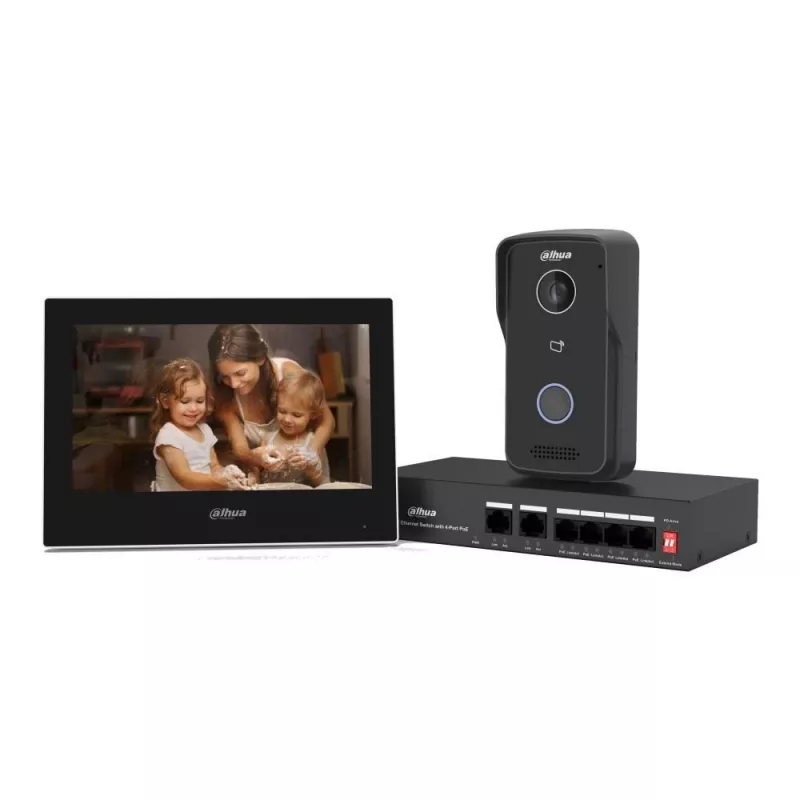 Vaizdo durų skambučio rinkinys DAHUA KTP03 7 colių monitorius, 2 laidų jungtis, PoE, 1024x600, 2MP kamera
