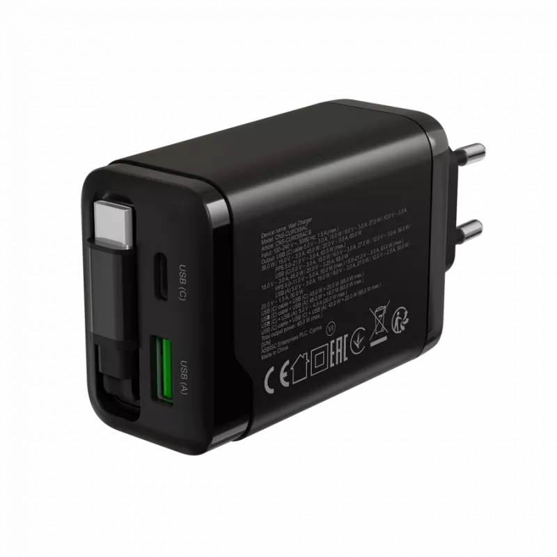 Įkroviklis CANYON OnCharge 65RC su integruotu USB-C laidu, 65W, 1x PD, 1x QC, ES kištukas, juodas