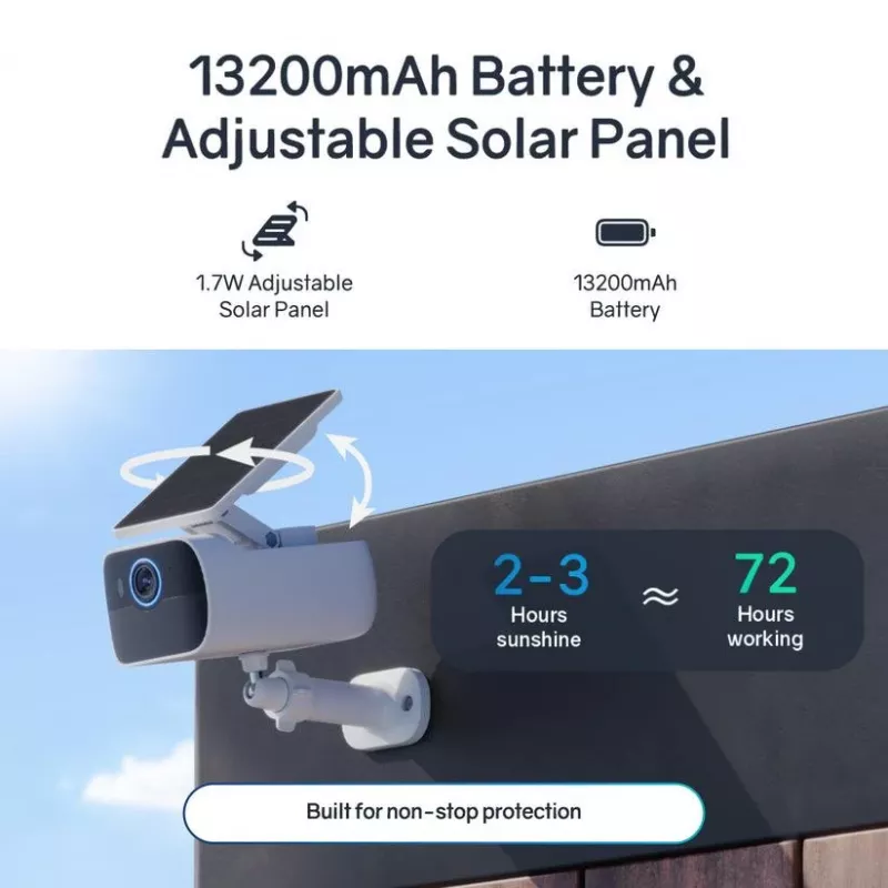 Safemo SC1 SolarCam, 4K UHD vaizdo įrašas, 8× priartinimas, 132° vaizdas, naktinis matymas, „Wi-Fi“ 2,4 GHz, 1,5 W saulės, balta