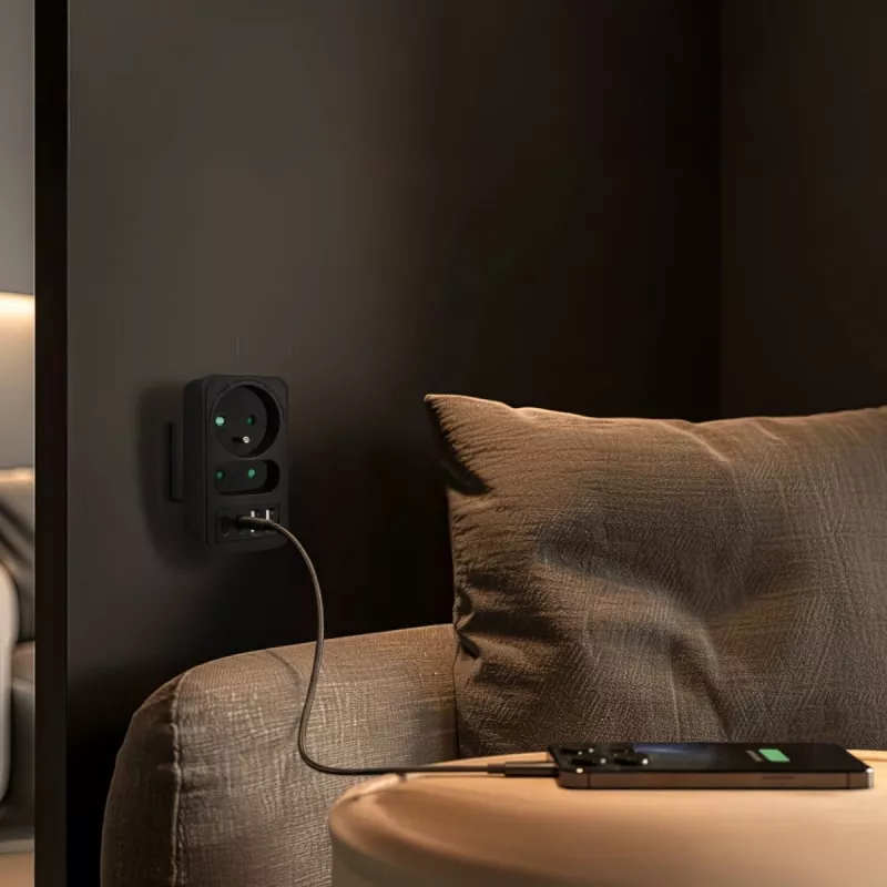 Maitinimo skirstytuvas MACLEAN MCE249 F/B — 2 kintamosios srovės lizdai (16A + 6A) su 2×USB-A ir 2×USB-C PD 20W, EU kištukas, juodas