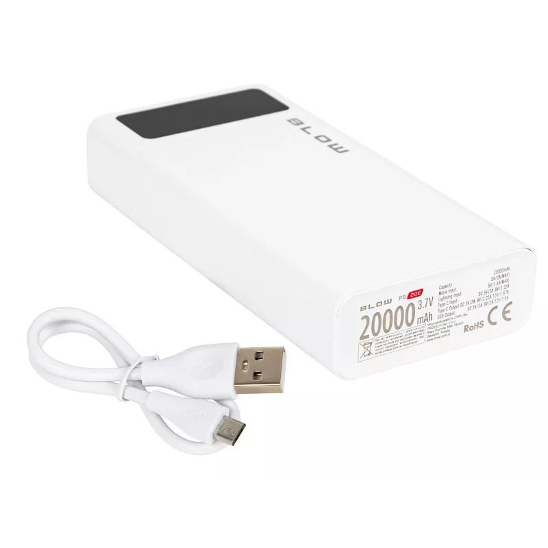 Nešiojamoji išorinė baterija BLOW PB20E 20000mAh QC+PD 20W su USB-C, 2×USB-A, Lightning įvestimi, polimerine baterija