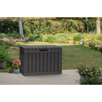 Lauko sandėliavimo dėžė Keter Kentwood 190L — 190 litrų, grafito spalvos, atverčiamas dangtis, 823×457×577 mm