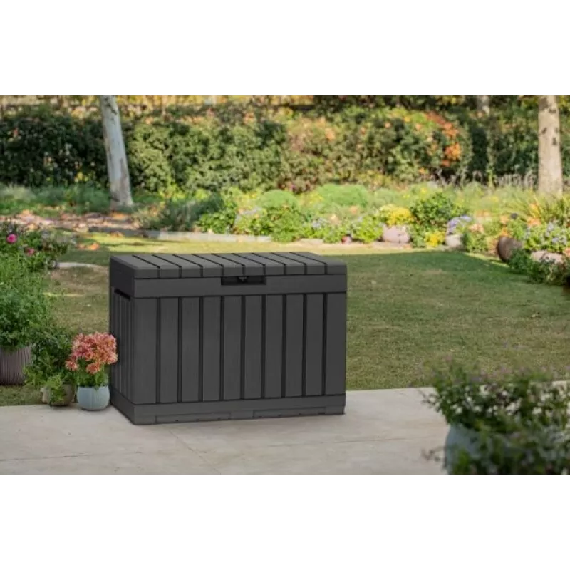 Lauko sandėliavimo dėžė Keter Kentwood 190L — 190 litrų, grafito spalvos, atverčiamas dangtis, 823×457×577 mm