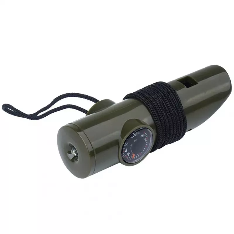 Daugiafunkcis išgyvenimo švilpukas Mil-Tec SP.22073 — 6 viename alyvuogių spalvos, kompasas, termometras, veidrodis, didinamasis stiklas, šviesa, 100×35×30 mm