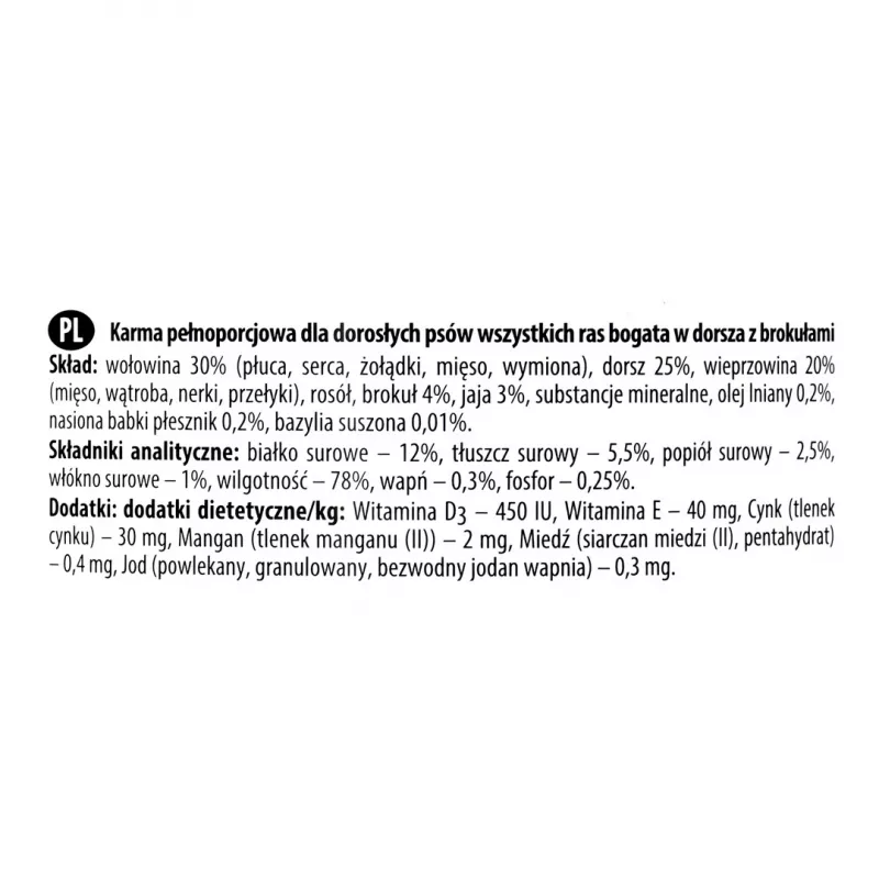 Šlapias šunų maistas dolina noteci Premium — menkė ir brokoliai, 800 g, suaugusiems šunims, be grūdų, be glitimo
