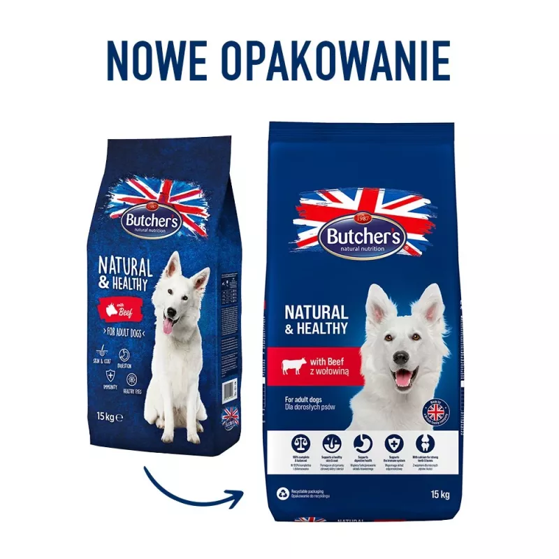 Sausas šunų maistas Butcher's Natural & Healthy Adult Beef 15 kg — 20 % baltymų, 7,5 % riebalų, 3 % ląstelienos