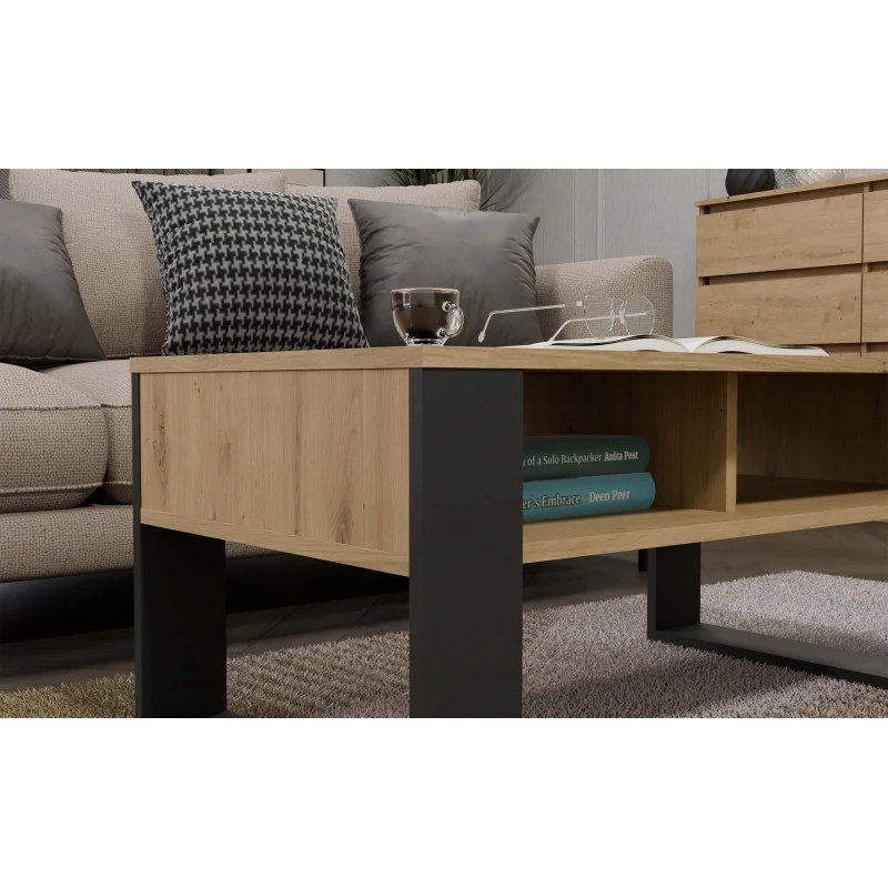 Top e shop Modern kavos staliukas 90×58×50 cm, antracito spalvos rėmas, matinės Artisan ąžuolo lentynos