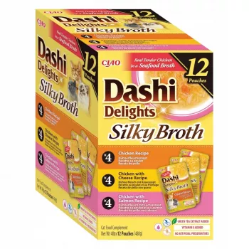 Šlapias kačių maistas INABA Dashi Delights Silky Broth vištienos ir lašišos mišinys, 12 x 40 g paketėlių, pilnavertis suaugusių kačių ėdalas