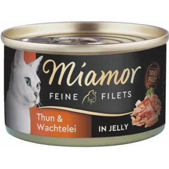 Šlapias kačių maistas Miamor Feine Filets 100 g — putpelės ir tunas, suaugusioms katėms, lengvai atidaroma skardinė