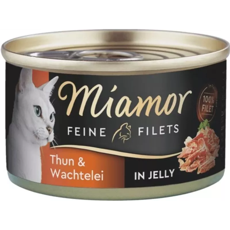 Šlapias kačių maistas Miamor Feine Filets 100 g — putpelės ir tunas, suaugusioms katėms, lengvai atidaroma skardinė