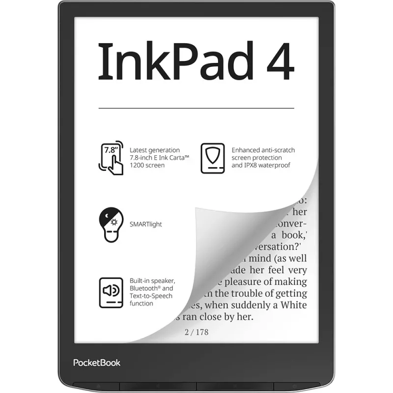 PocketBook InkPad 4 - 19,8 cm (7,8 colio) - E Ink Carta - 1404 x 1872 pikselių - ACSM - AZW - AZW3 - CBR - CBZ - CHM - DOC - DOCX - DjVu - EPUB - EPUB DRM - FB2 - FB2.ZIP - HTM - HTML - MOB