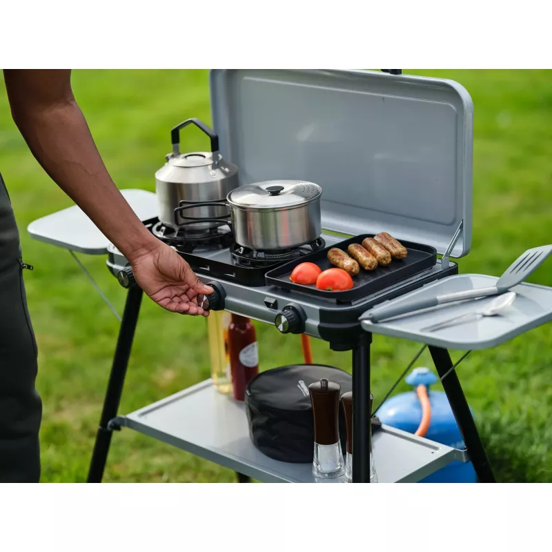 Camping Kitchen 2 Multi Cook Plus, dujinė viryklė Pilka, 2 kaitvietės 2x1,8 kW + kepimo plokštė 0,9 kW, modelis 2025
