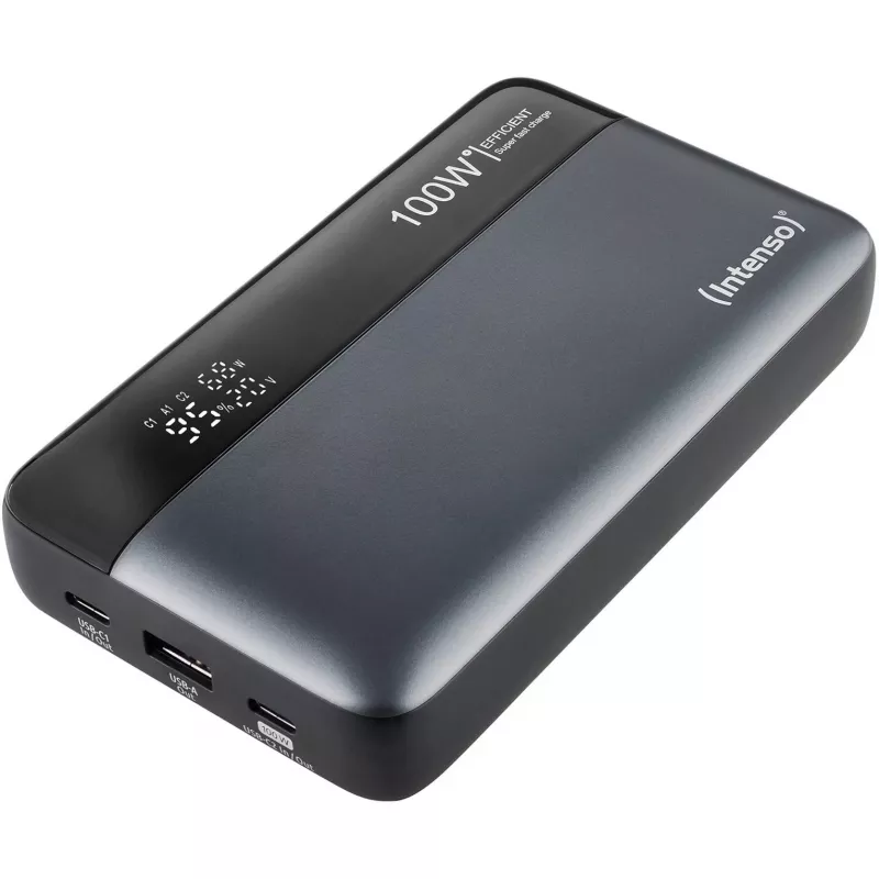 Išorinė baterija INTENSO 7350050 — 20000 mAh, 1× USB-A + 2× USB-C, 100 W bendra išvestis, juoda/pilka